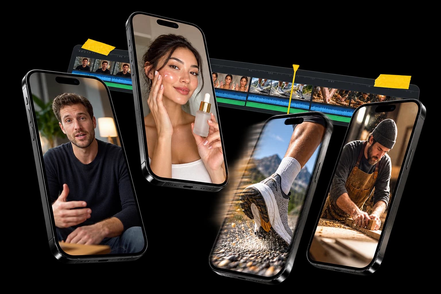 Four distinct video ad formats connected to an editing timeline