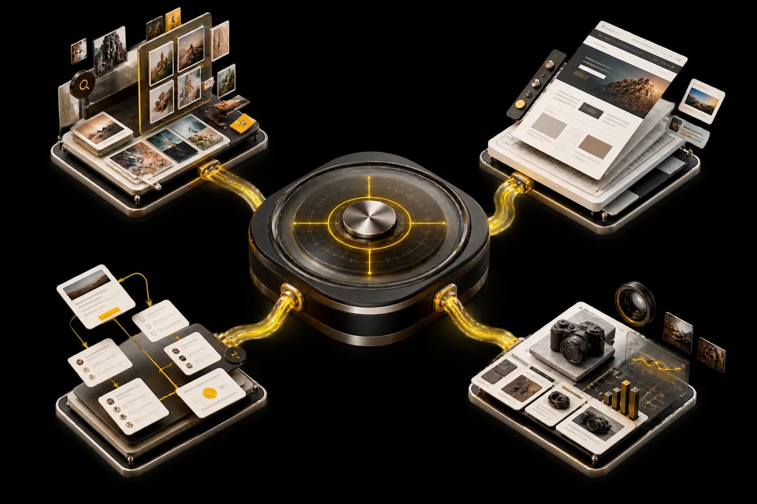 Four marketing workflow modules connected to one operating system