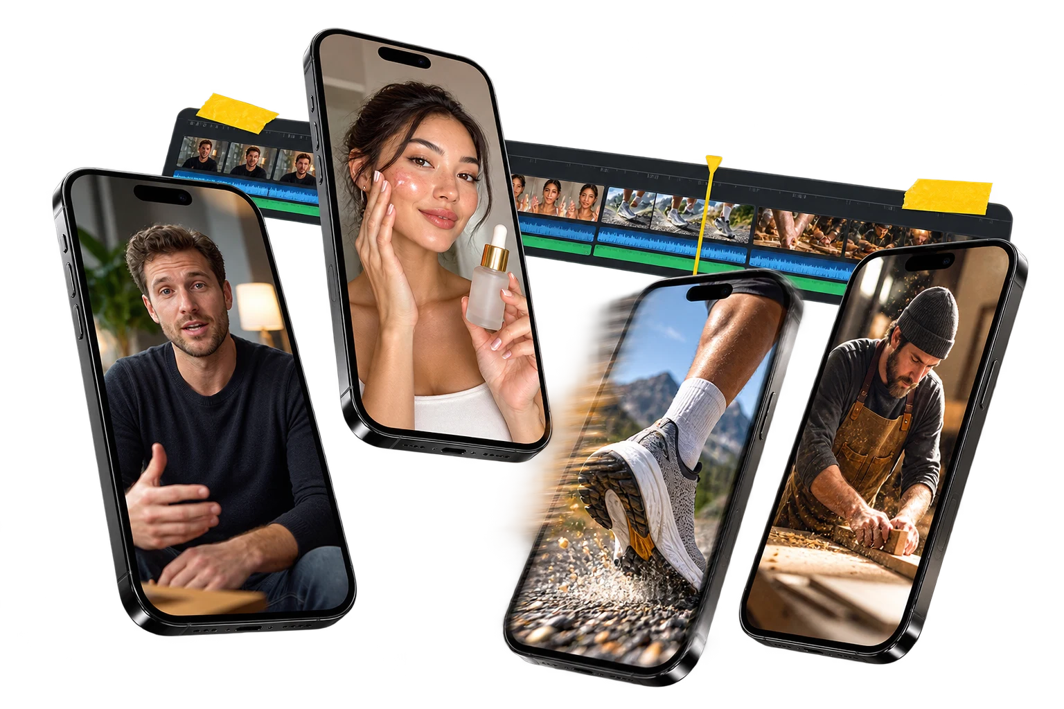 Four distinct video ad formats connected to an editing timeline