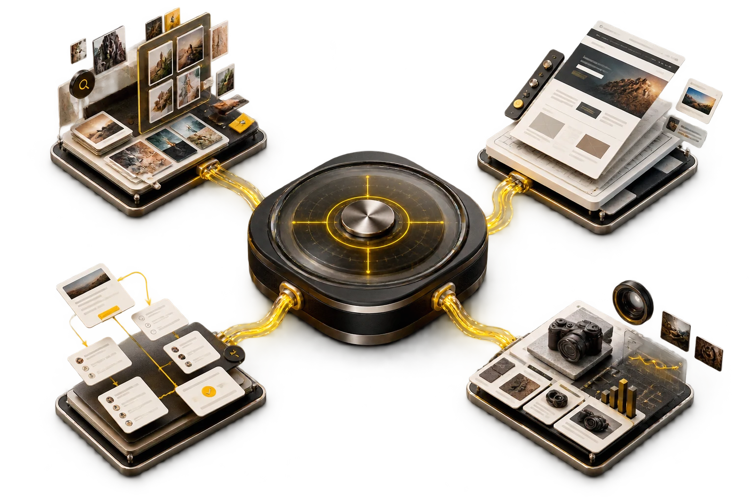 Four marketing workflow modules connected to one operating system